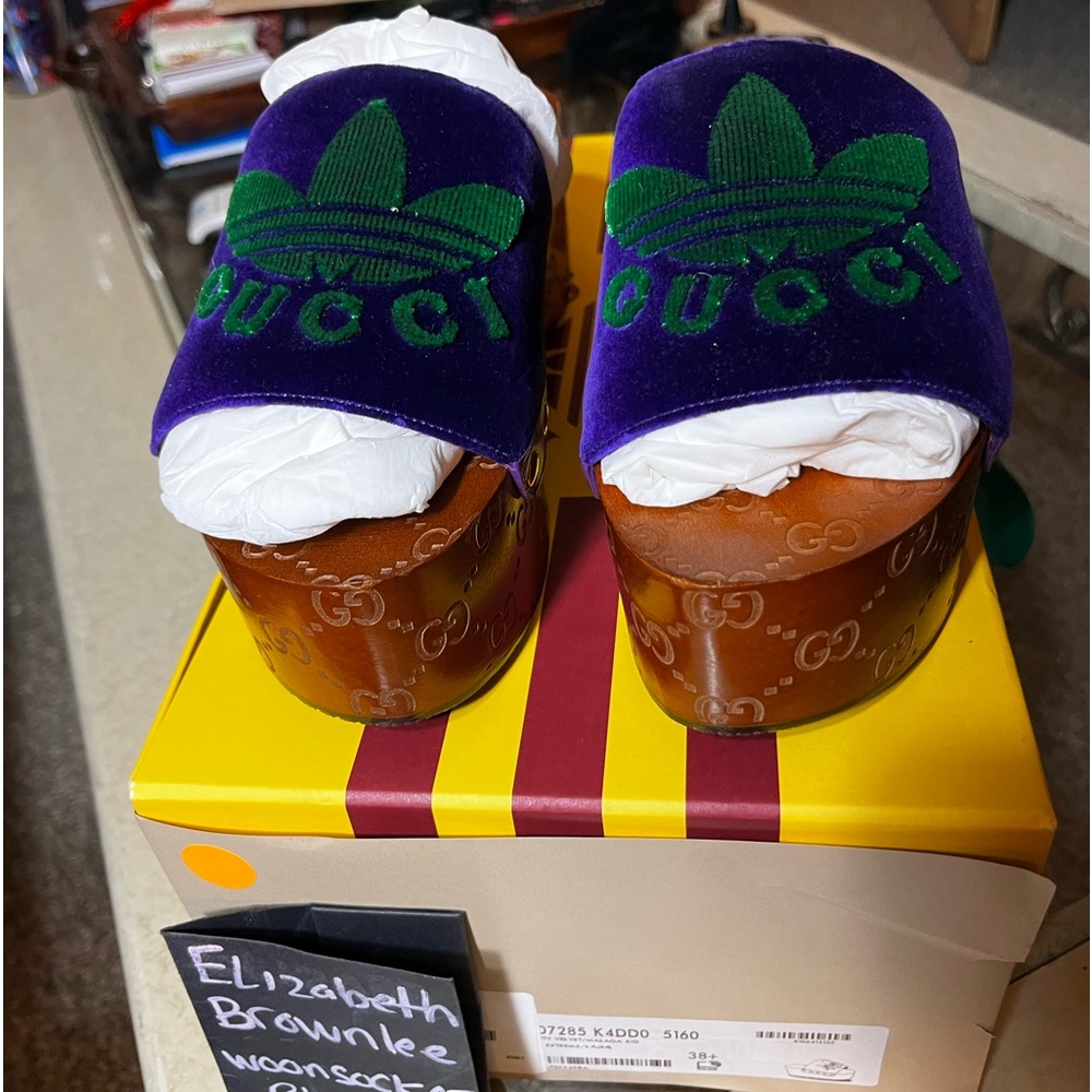 Gucci adidas rare purple green velvet clog size 38.5 brand new with box and dust